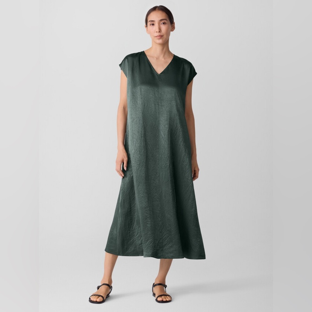 Eileen Fisher Deep Forest Green V-Neck Midi Dress